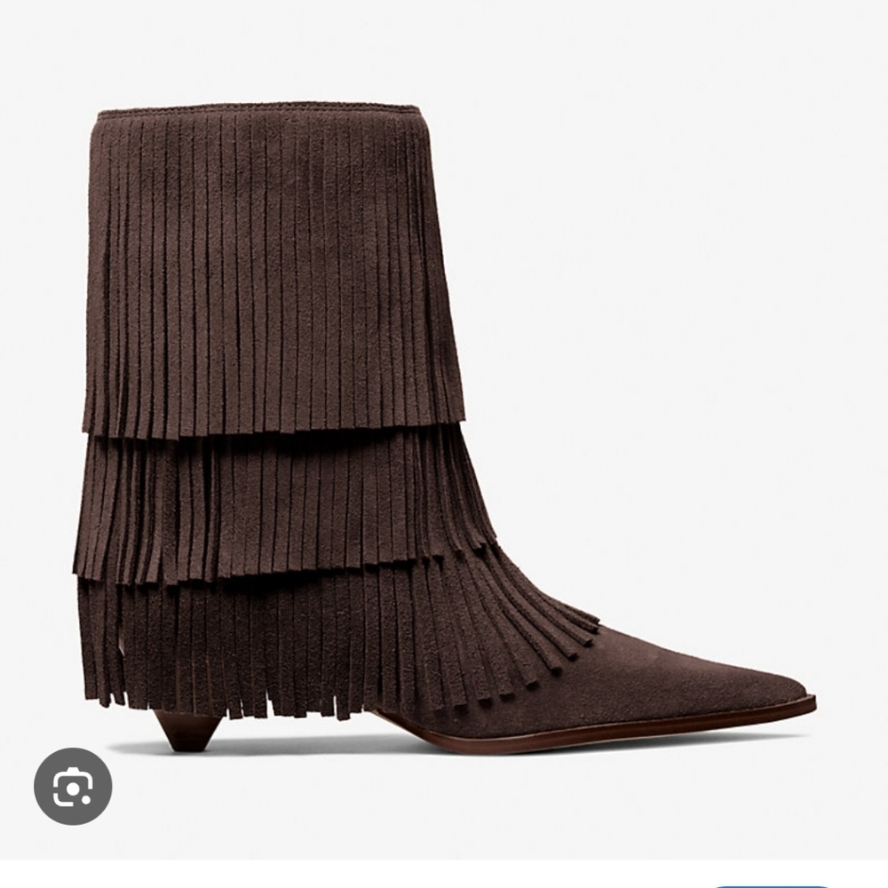 MICHAEL KORS Boots Fringed Brown Ankle Kitten Heel Suede
